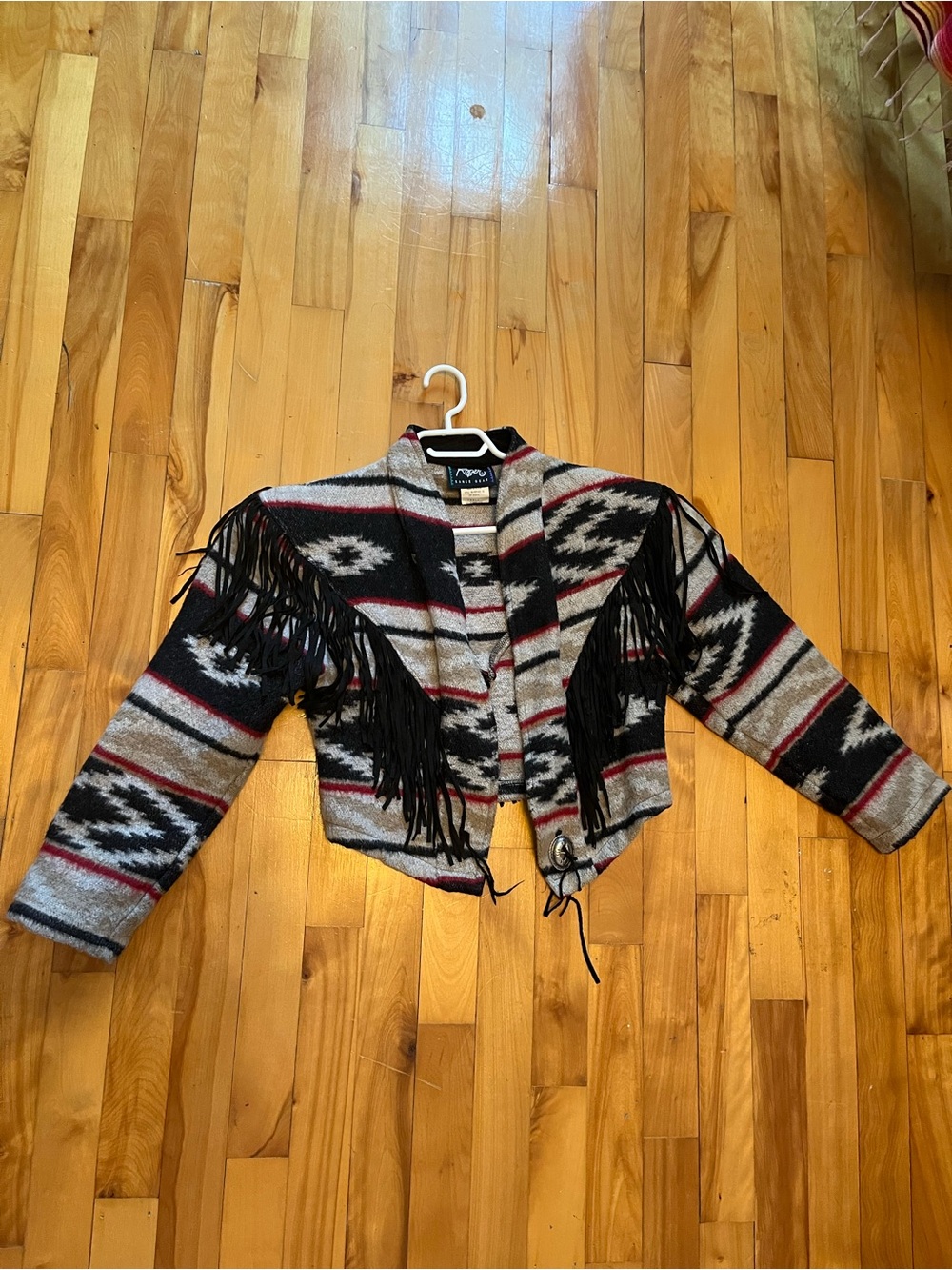 Vintage 80s/90s Fringed Dene Pattern Cropped Jacket - Gray/Black/Red
